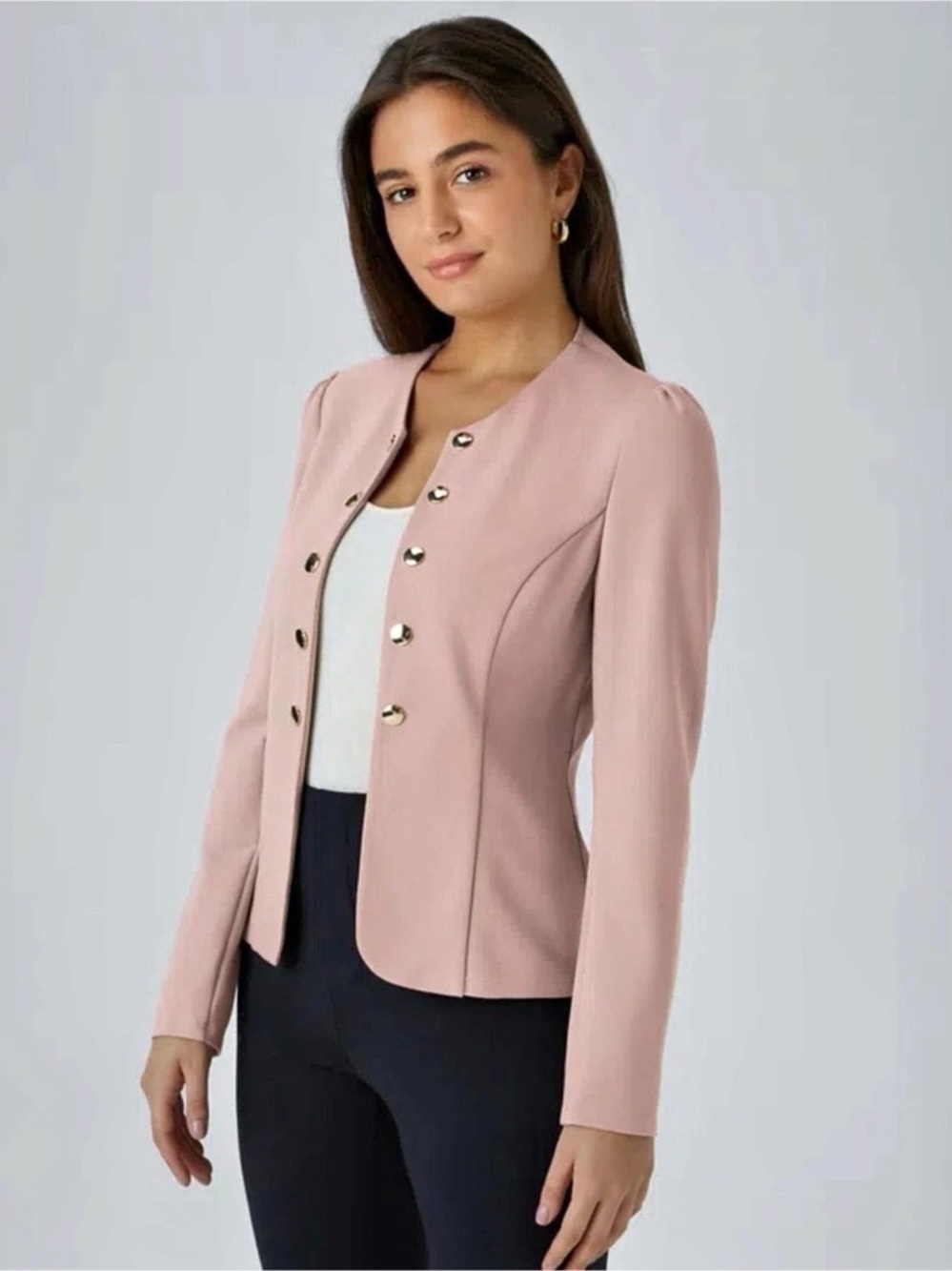 Halara Pink Round Neck Long Sleeve Decorative Button Slim Work Blazer NWT Size L